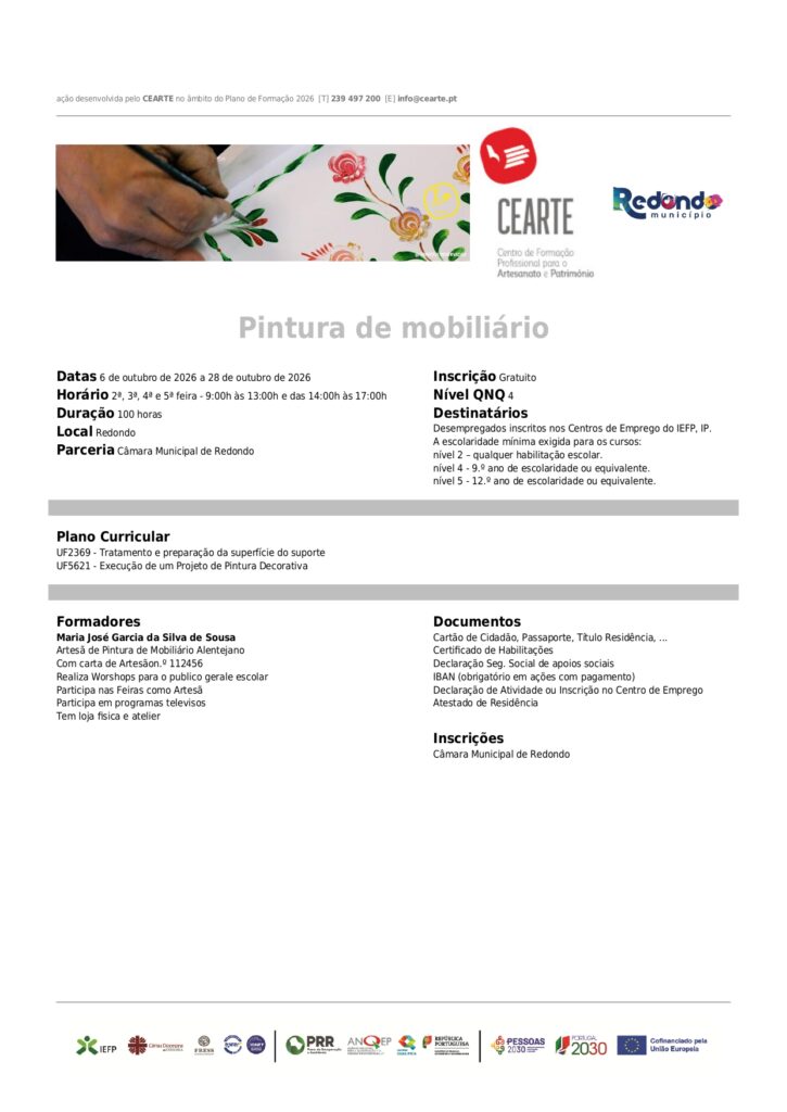 Cartaz: Formação em Pintura de Mobiliário | De 06 a 28 de outubro | Redondo