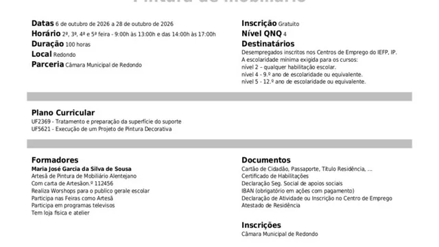 Cartaz: Formação em Pintura de Mobiliário | De 06 a 28 de outubro | Redondo