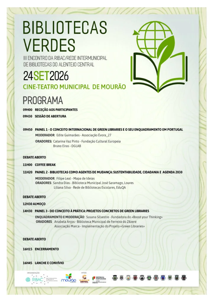 Cartaz: III Encontro da RIBAC/ Rede Intermunicipal de Bibliotecas do Alentejo Central (Bibliotecas Verdes) | dia 24 de setembro | Cine-Teatro Municipal de Mourão